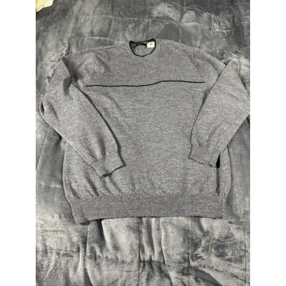 Bossini Mens Large 100% Pure‎ Merino Wool Crewneck Sweater Grey Striped Woolmark